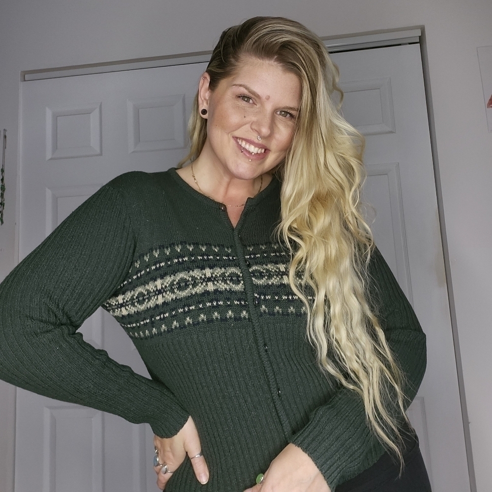 VINTAGE GREN & SAND ROBBED KNIT CARDIGAN SIZE LARGE
